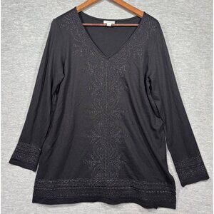 J. Jill Shirt S Black Embroidered V-Neck Long‎ Sleeve Top Casual Tunic